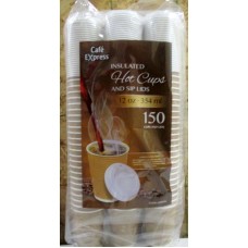 Cups - Insulated Hot Cups & Lids -  Cafe Express Brand  / 150 x 12 Oz Insulated Paper Cups + Lids